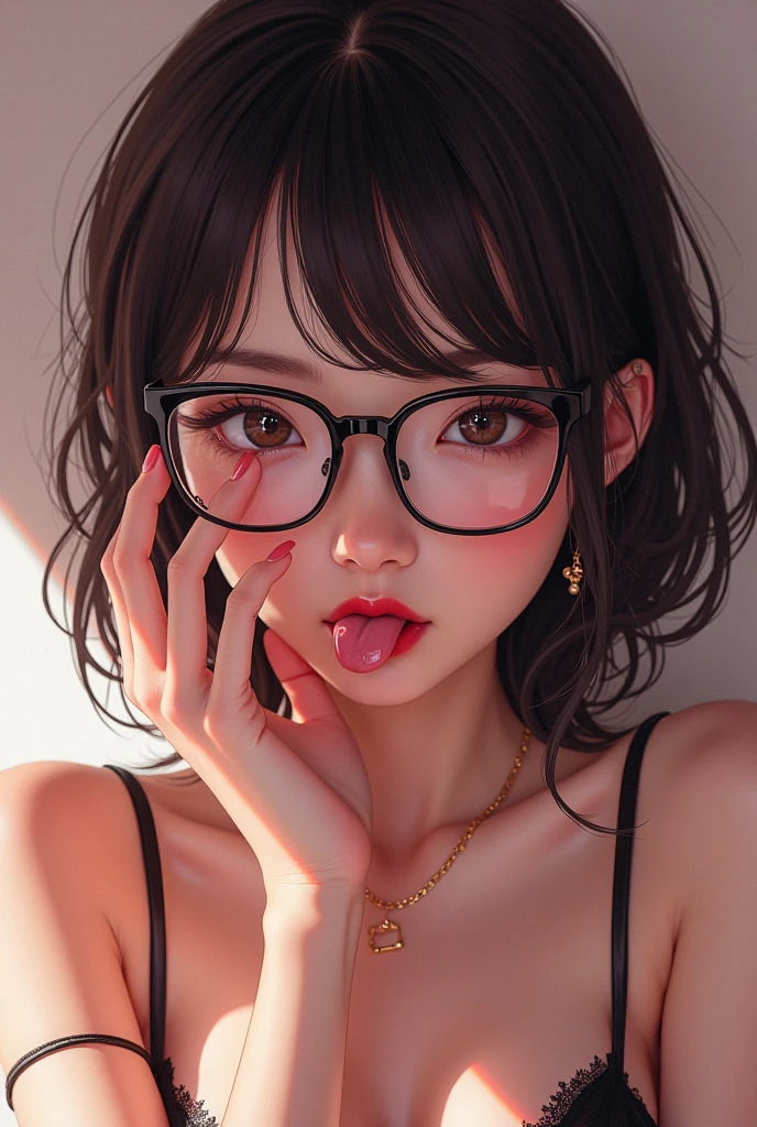 Glasses girl boobs tongue out Japanese