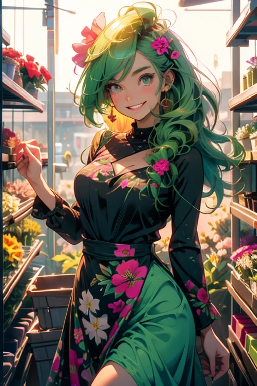Perfect face. Perfect hands. A green haired woman with pink eyes with an hourglass figure in a floral dress is smiling while selecting flowers in a floral shop