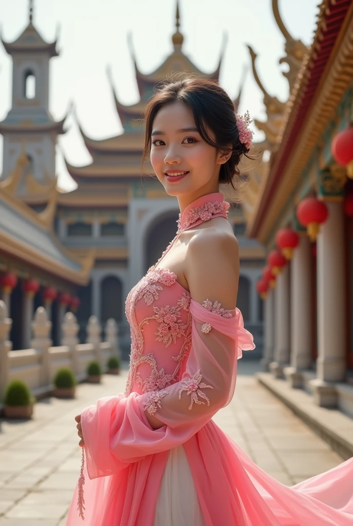 hyper realistic super detailed a very beautiful woman in a pink dress standing in front of a building Kingdom, VietNam woman, VietNam beautiful girl, a young asian woman, she smile very attractive, traditional VietNamese clothing, palace, a girl in Aodai, asian woman, young asian woman, traditional VietNamese, VietNamese style, VietNamese costume, masterpiece, super sharp, super portrait, UHD, 18K