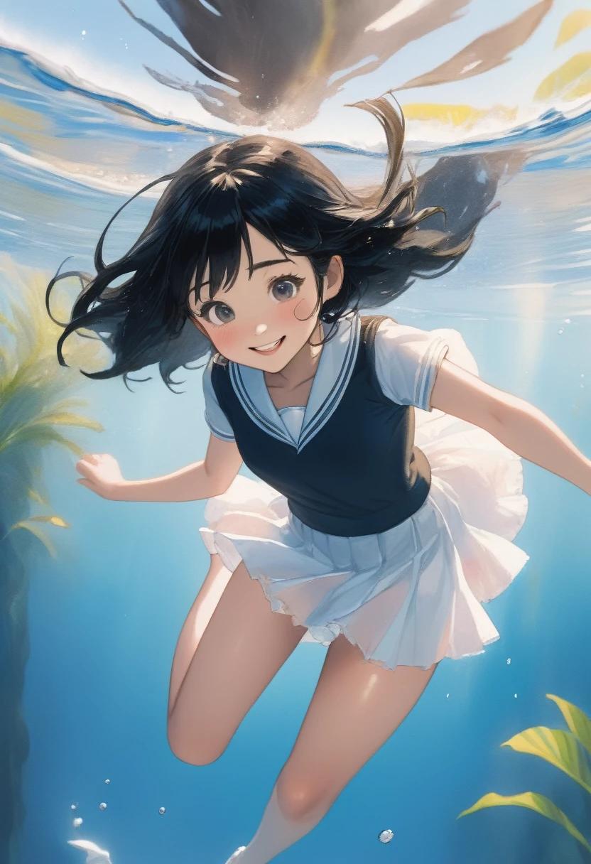 detailed watercolor painting, 1girl, black hair, school uniform, white panties in the fluttering skirt, diving into the water, under the water, smiling, low angle