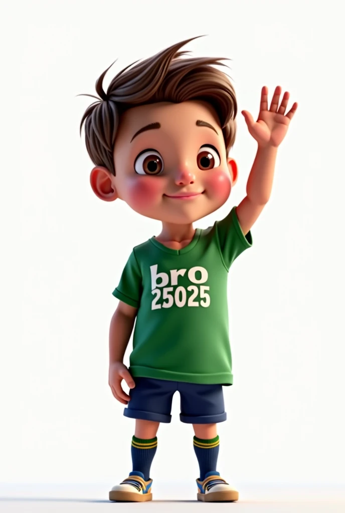 a character waving his right hand, giving a hyper-realistic goodbye, 1 boy, small detailed black eyes, beautiful big lips, extremely detailed face, large and conical chin, brown hair, green t-shirt with the name BRO and below the name BRO the number 25025 printed, blue pants, knee-high socks, football player style, intricate details, volumetric lighting, dramatic chiaroscuro, cinematic lighting, award-winning digital art, masterpiece, high quality, 8k, photorealistic, studio lighting, physically based rendering, vibrant colors, warm color palette, pixar style, Disney. white background
