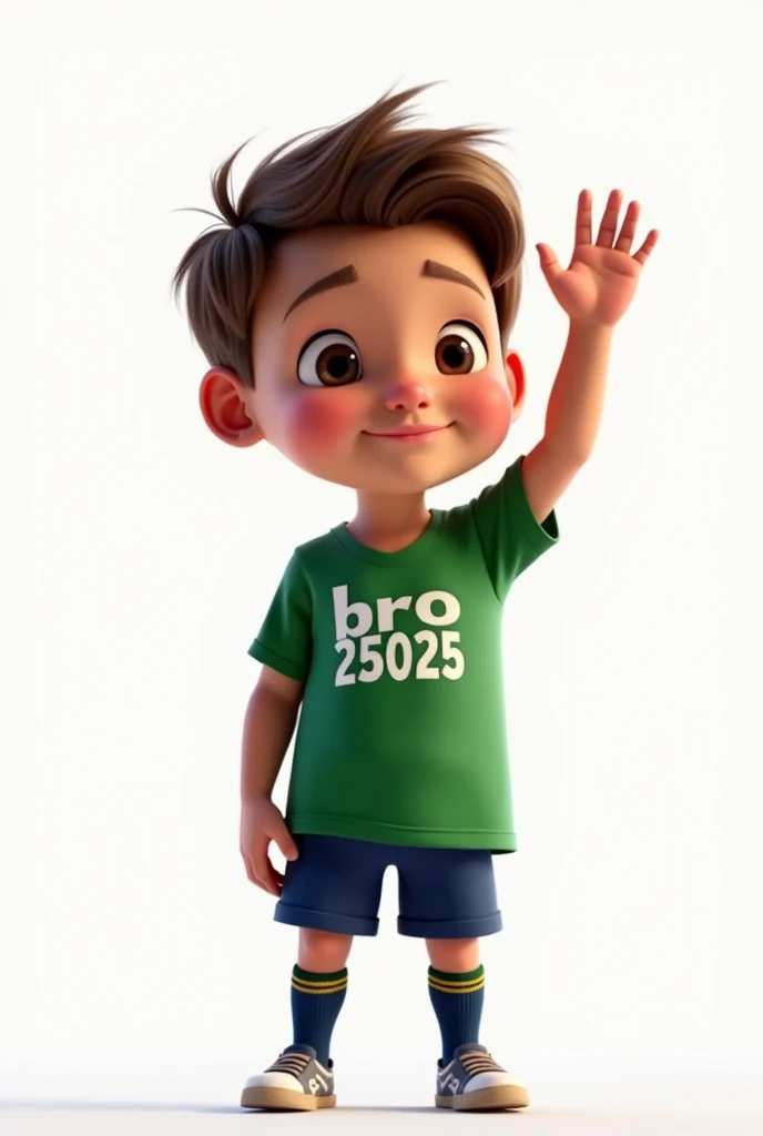 a character waving his right hand, giving a hyper-realistic goodbye, 1 boy, small detailed black eyes, beautiful big lips, extremely detailed face, large and conical chin, brown hair, green t-shirt with the name BRO and below the name BRO the number 25025 printed, blue pants, knee-high socks, football player style, intricate details, volumetric lighting, dramatic chiaroscuro, cinematic lighting, award-winning digital art, masterpiece, high quality, 8k, photorealistic, studio lighting, physically based rendering, vibrant colors, warm color palette, pixar style, Disney. white background
