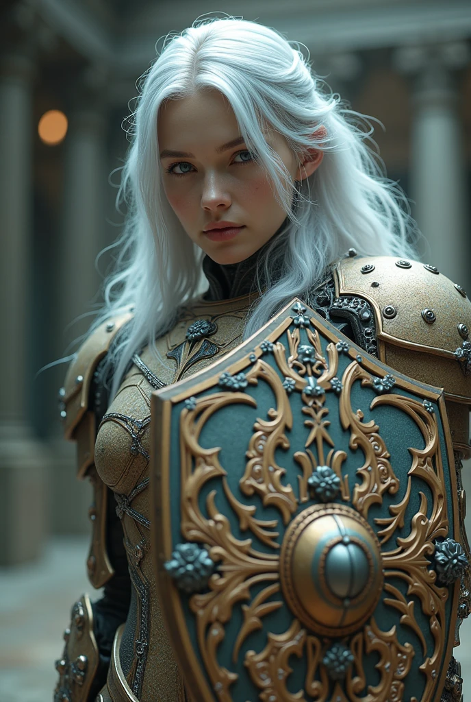 Surreal Very detailed Ultra Fantasy Ultimate Details Ultra-high resolution 8K 32k 3D Clear Eyes Silver髪 In his left hand he holds a magnificent medieval shield mechanical engineering Mechanic Art shield【R o s e s】Name plate included. intricate and elaborate design, money, Silver Dynamic pose Robotics Cinema Lighting information