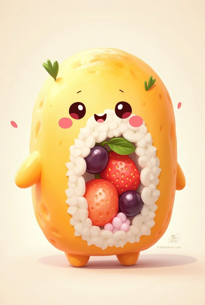 fruit sushi fills with grape and strawberry coated with mango in 2D model cute character