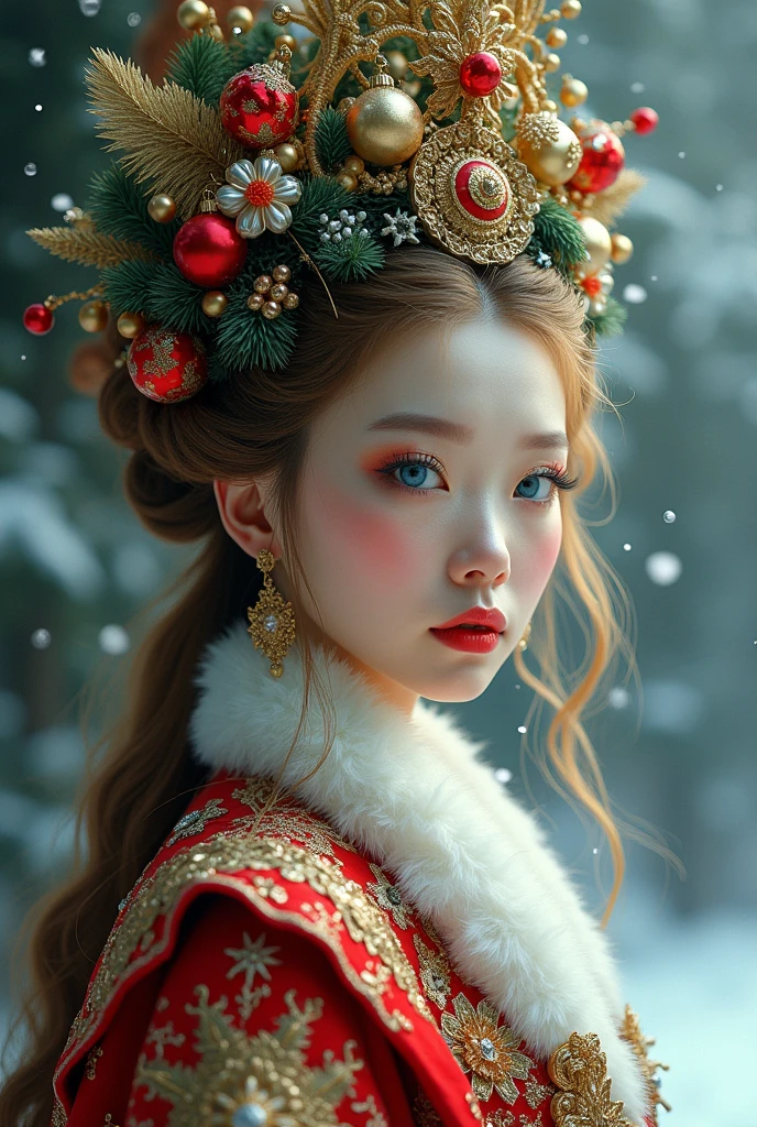 un hermoso retrato De emperatriz, by rubio, perfect blue eyes, with a brilliant, Imposible y llamativo tocaDo naviDeño granDe., ropa batas De santa, toDo naviDaD, snow, symmetrical, iluminación Dramática Del estuDio, rococo, Baroque, verDuras, Asian, hyperrealism, De cerca, D&D, fancy, IntrincaDo, elegant, muy DetallaDo, pintura Digital, estación De arte, renDerizaDo De octanaje, 8k, Conceptual art, death, enfoque nítiDo