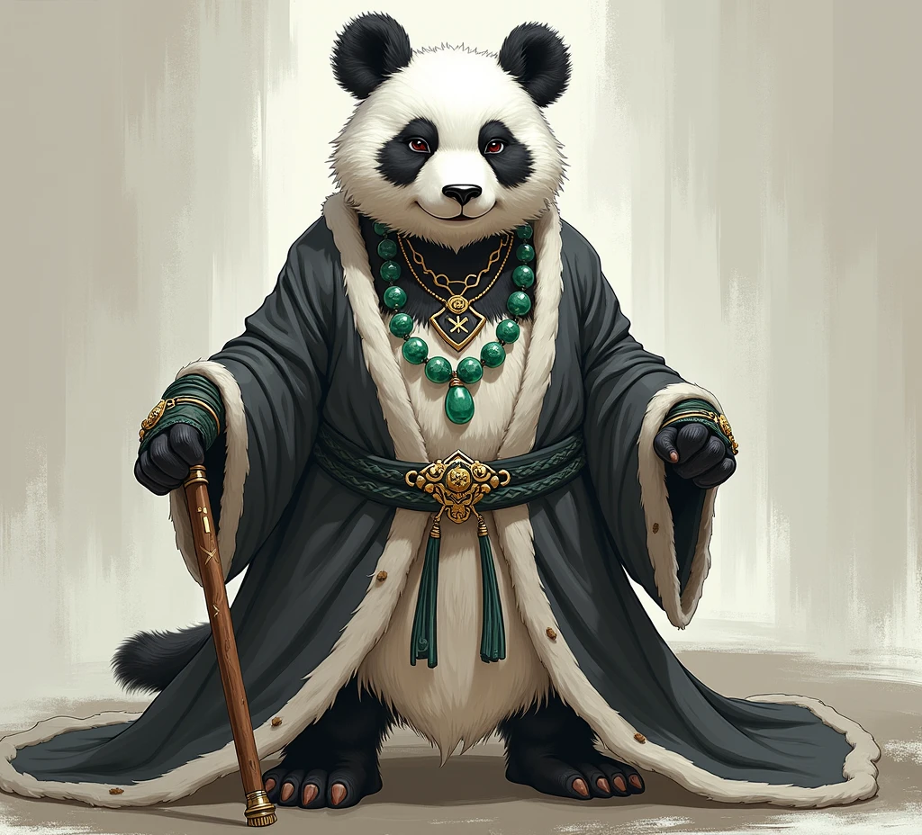 (masterpiece, top quality, best quality, official art,beautiful and aesthetic:1.2),(4k,8k, best quality,masterpiece:1.2),(((white background))), solo,Game character, the panda person, a game character inspired by pandas, wearing a black and white robe, adorned with a jade bead necklace and bracelet, viewed from multiple angles including back view and side view, holding a cane. The structure is clear and accurate, with a modern realistic representation and consistent lighting that looks natural and believable.