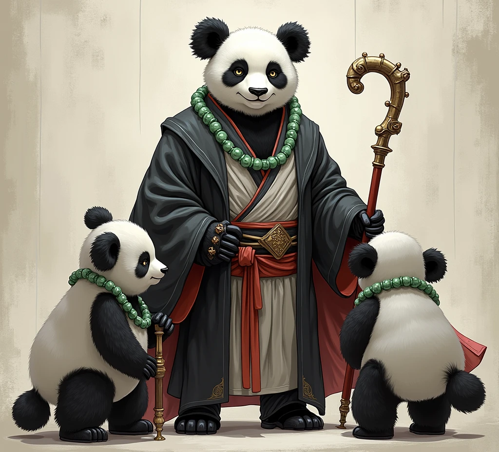 (masterpiece, top quality, best quality, official art,beautiful and aesthetic:1.2),(4k,8k, best quality,masterpiece:1.2),(((white background))), solo,Game character, the panda person, a game character inspired by pandas, wearing a black and white robe, adorned with a jade bead necklace and bracelet, viewed from multiple angles including back view and side view, holding a cane. The structure is clear and accurate, with a modern realistic representation and consistent lighting that looks natural and believable.