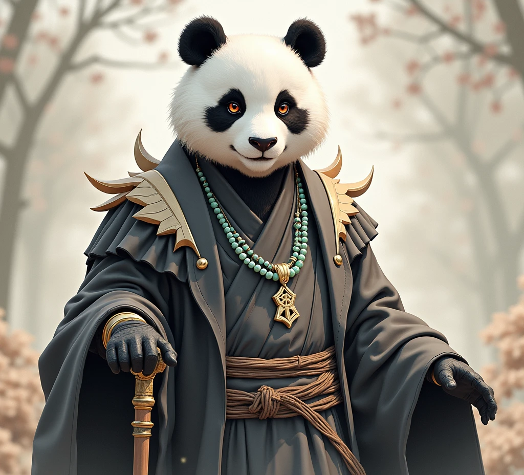 (masterpiece, top quality, best quality, official art,beautiful and aesthetic:1.2),(4k,8k, best quality,masterpiece:1.2),(((white background))), solo,Game character, the panda person, a game character inspired by pandas, wearing a black and white robe, adorned with a jade bead necklace and bracelet, viewed from multiple angles including back view and side view, holding a cane. The structure is clear and accurate, with a modern realistic representation and consistent lighting that looks natural and believable.