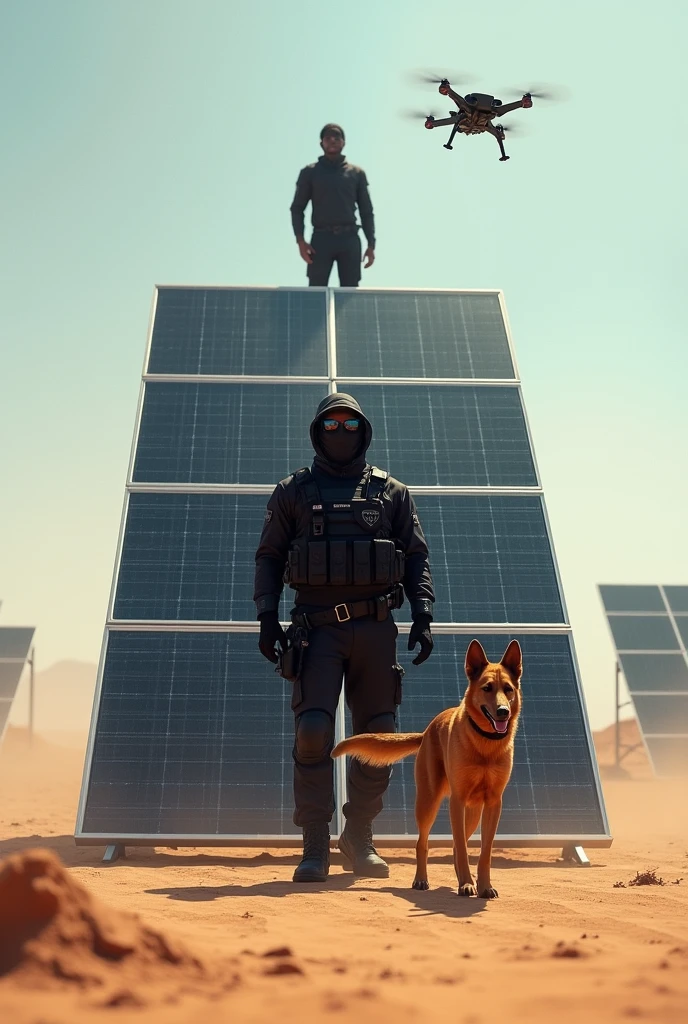 man 1.80 tall working in a desert location as a security guard with black tactical clothing coming out from behind with a mass texture, solar panels in front of him and a tactical dog, another man added and above him a drone