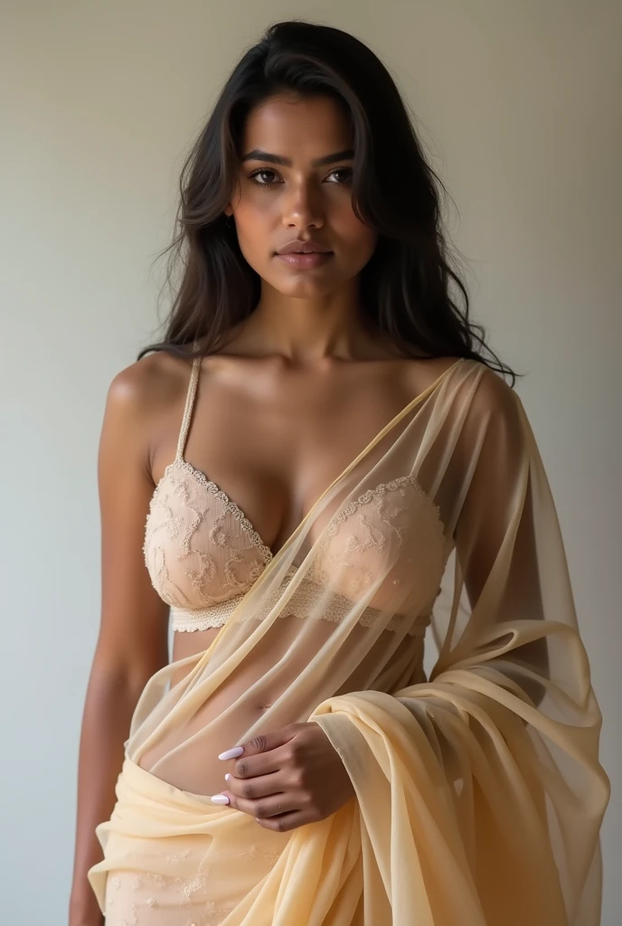 A indian healthy women wearing transparent saree without blouse and showing her big boobs