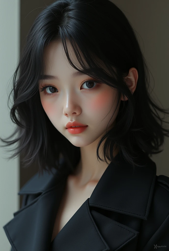 Beautiful girl with realistic black eyes, Pale skin, Medium length black hair, Perfect Face, Perfect Eyes, Wearing a coat, Very detailed, Overall Movie, Digital Painting, 8k, Cinema Lighting, Highest quality, High resolution, Detailed work, Post-processing, Perfect results, Ultra-realistic