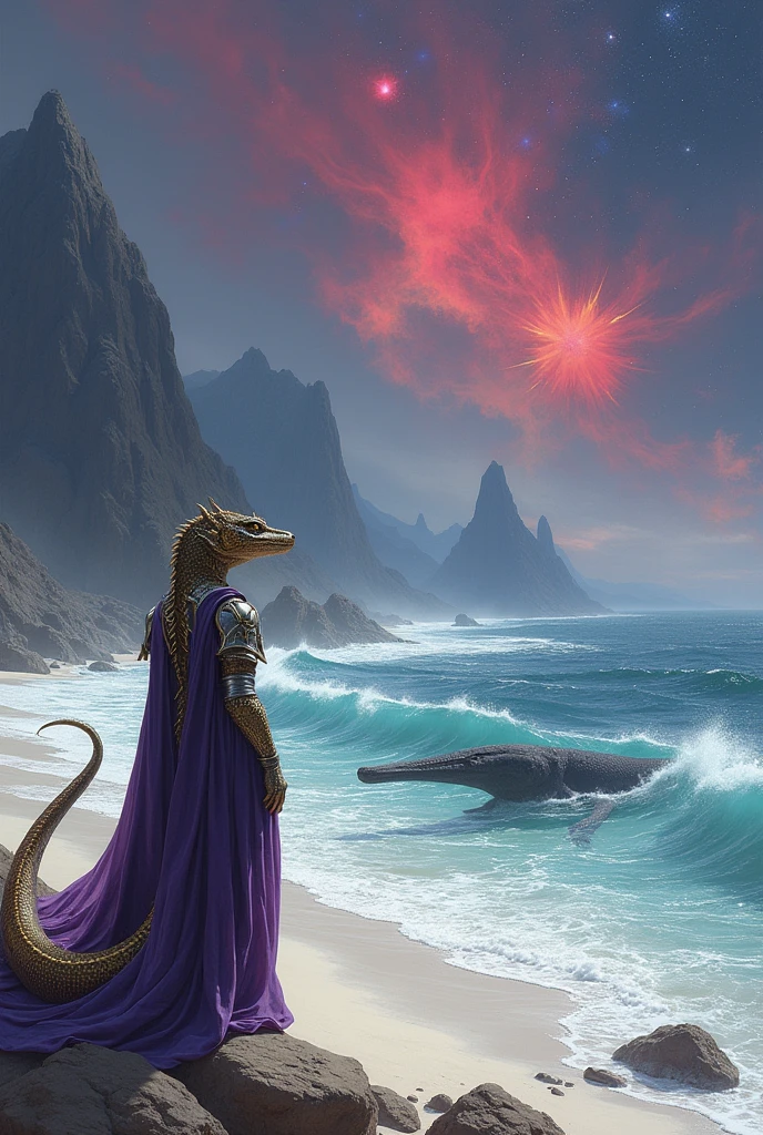 Female reptilian in purple tunic with golden scales and silver armor, observe the waves of the sea where there is a sea creature with a long neck. White sand beach and very tall dark pointed mountains.
The starry sky with a red nebula. 