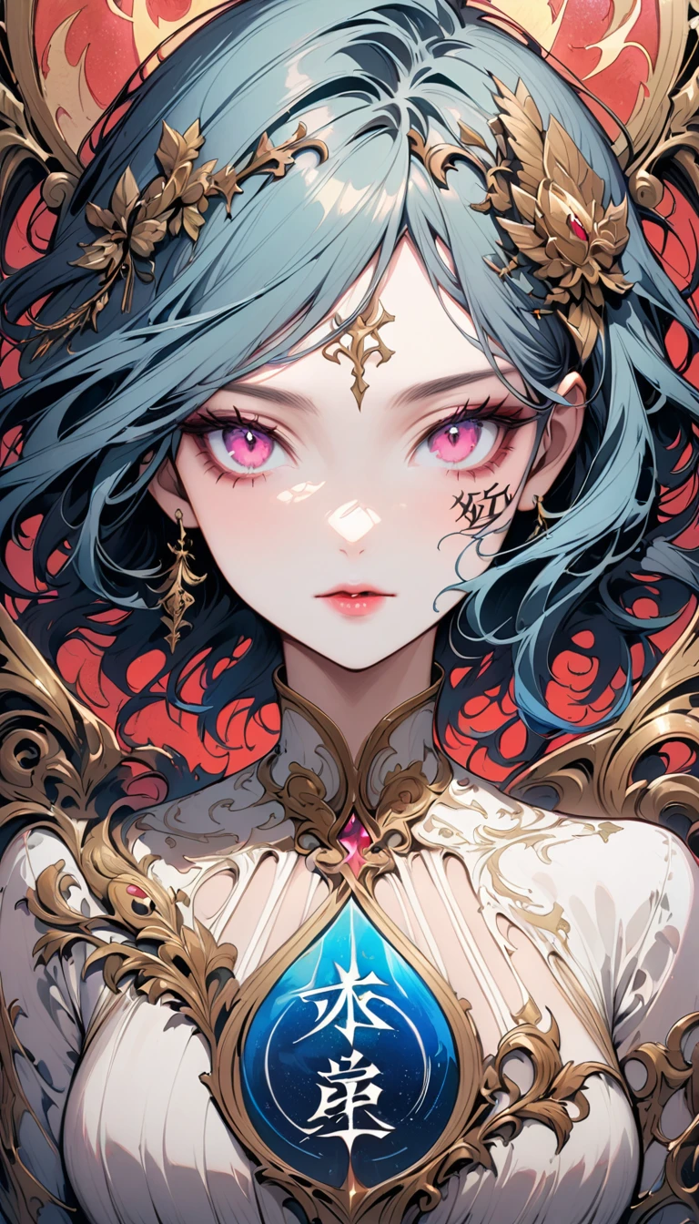 A beautiful woman tarot card, (a pink eye:1.2),face tattoo(Meaningful Chinese character writing:1.1), combine elements perfectly. blue hair