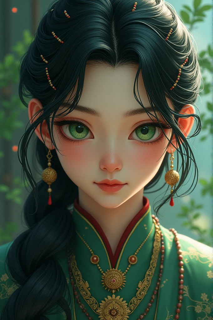 A boy in Chinese clothes , with long hair with beads , vibrant green eyes, hypnotizing , jewelry , elegant , medium height ,