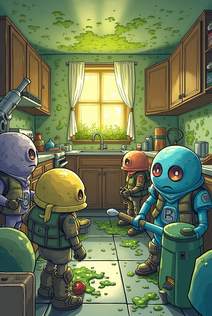 ### **Title: "The Mohotes Rebellion!"**
#### **Summary of History:**
In this story, los mohotes deciden rebelarse contra Mr. Clean-Up, who always ruins their parties. but this time, They have a master plan to take over the kitchen and turn it into their moldy kingdom..
### **Page 1:**
**Table 1:**
- **scene:** La cocina está impecable después de que Mr. Clean-Up ha hecho su trabajo.
- **Text:** "Everything seemed in order... but the molds had other plans."
**Table 2:**
- **scene:** In a crack in the wall, Verdurin mold asoma la cabeza con una sonrisa traviesa.
- **Text (Verdurin mold):** "It's time for revenge! ¡Mohotes, to the attack!"
**Table 3:**
- **scene:** The molds come out of their hiding places: Moho Azulito, Negroni and Snowflake, all with determined expressions and armed with small kitchen utensils turned into weapons.
- **Text (Moho Negroni):** "This kitchen will be ours!"
**Table 4:**
- **scene:** Molds begin to grow uncontrollably throughout the kitchen, covering the walls, Soil, and moldy foods.
- **Text:** "The rebellion has begun!"
### Page 2:
Table 1:
scene:Mr. Clean-Up regresa a la cocina, but is surprised to see everything covered in mold.
- Text (Mr. Clean-Up): "What the hell happened here??"
Table 2:
scene:The molds join together into one big moldy mass, formando un monstruo gigante que asusta a Mr. Clean-Up.
Text (Moho Azulito):"No more cleaning, It's our turn to shine!"
Table 3:
scene: Mr. Clean-Up trata de luchar con su spray limpiador, but the molds quickly dismantle it.
Text (Moho Copito): "That spray won't do anything to us anymore!"
Table 4:
scene:The kitchen is now the kingdom of molds, who celebrate their victory with a big party, mientras Mr. Clean-Up está amarrado a una silla, resigned to see how the molds enjoy.
Text final:"Long live the Mohotes!"
---
*Characters and Style:*
Verdurin mold: The strategic leader, always with a plan