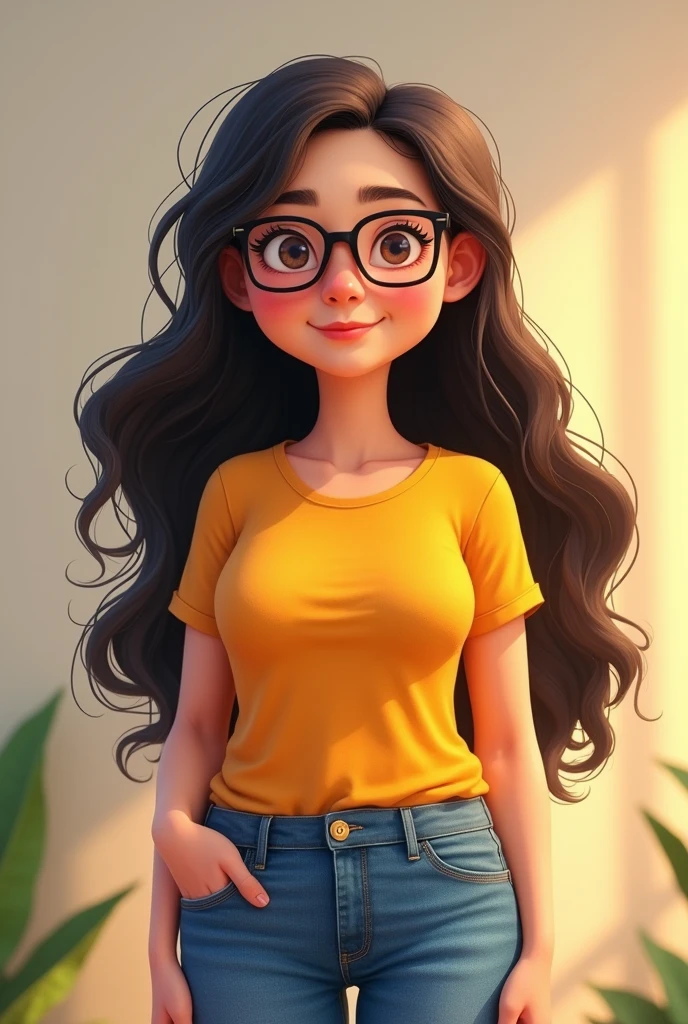 25 year old woman, chubby
, disney pixar style, dark long hair, with glasses, wearing jeans and a T-shirt