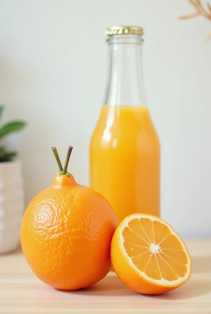 A still life of a tangerine and a bottle of juice behind the tangerine, with a white wall in the background, on a light wooden table, that it looks like a family home, that all the objects are in focus