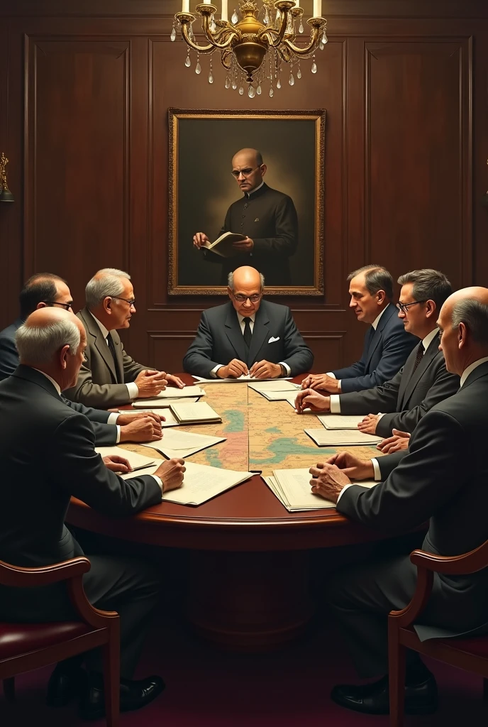 Negotiations for Independence:** A formal indoor setting with Indian leaders like Nehru and Gandhi sitting across from British officials, negotiating terms for India's independence, with documents and maps on the table