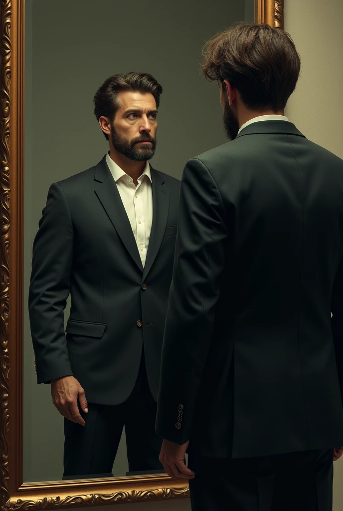 A mirror reflecting a very well-groomed man with an attitude of power and confidence, already in front of the mirror there is a man with old clothes and a posture of fear and insecurity  