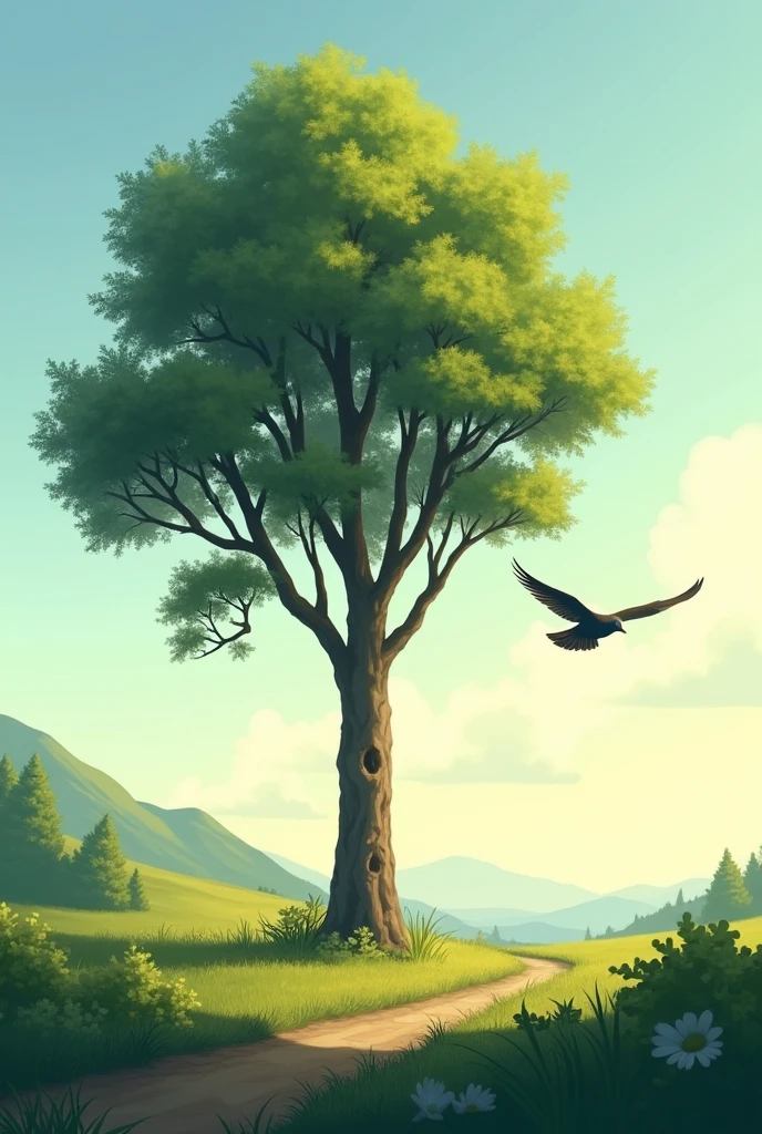 a tree, a bird  