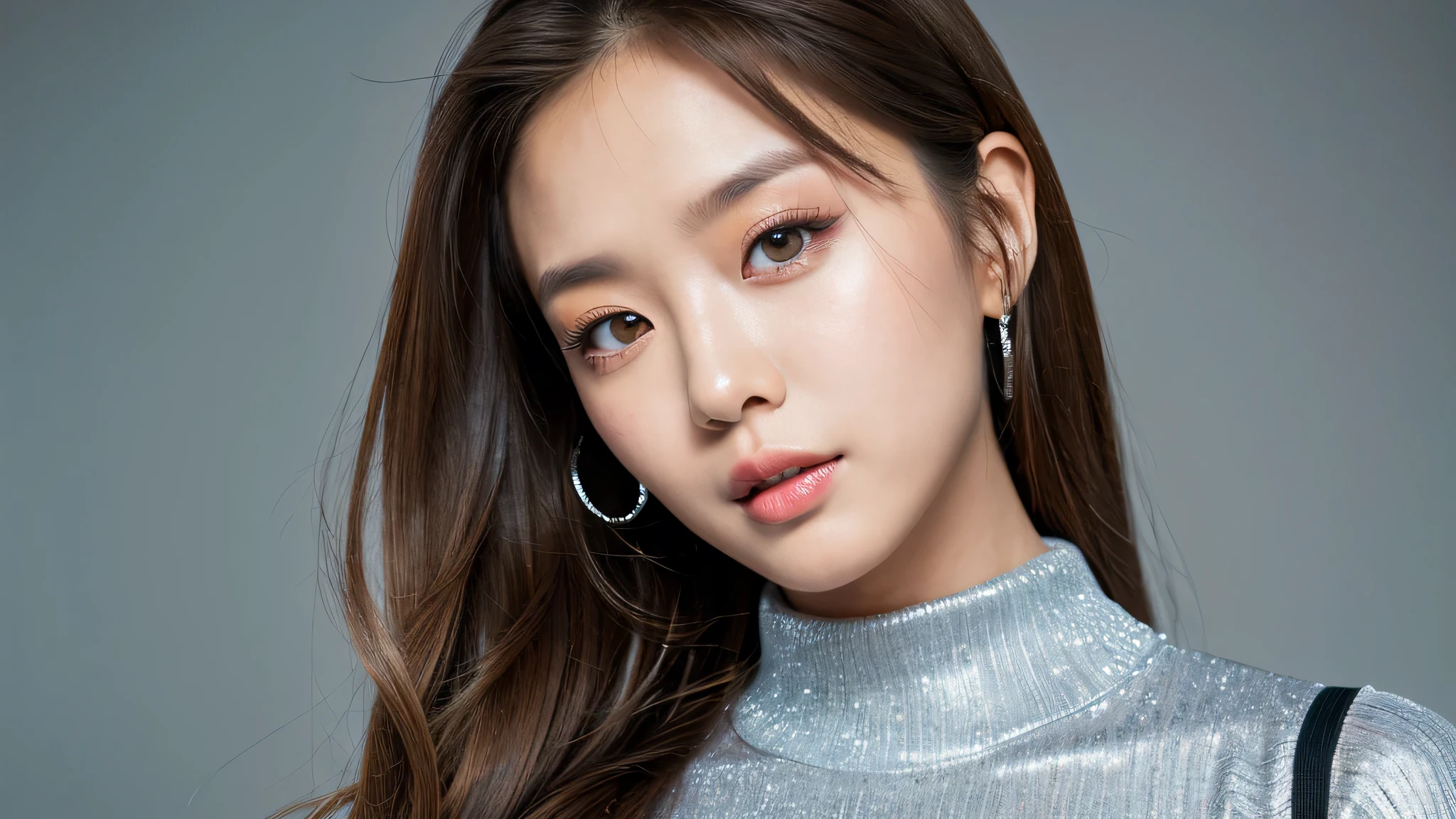 (Detailed face),vivid,hoodie,(Silver)Glitter turtleneck bodysuit,4K,Ultra-high resolution,（Photorealistic：1.7）,Gray background,Long Hair,