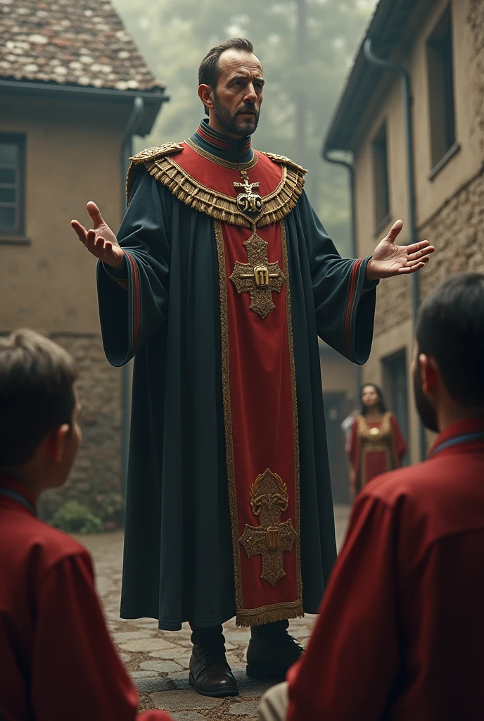 Create the image of an apostle like Saint Peter preaching to his disciples but instead of Saint Peter make an apostle wearing a Nazi uniform
