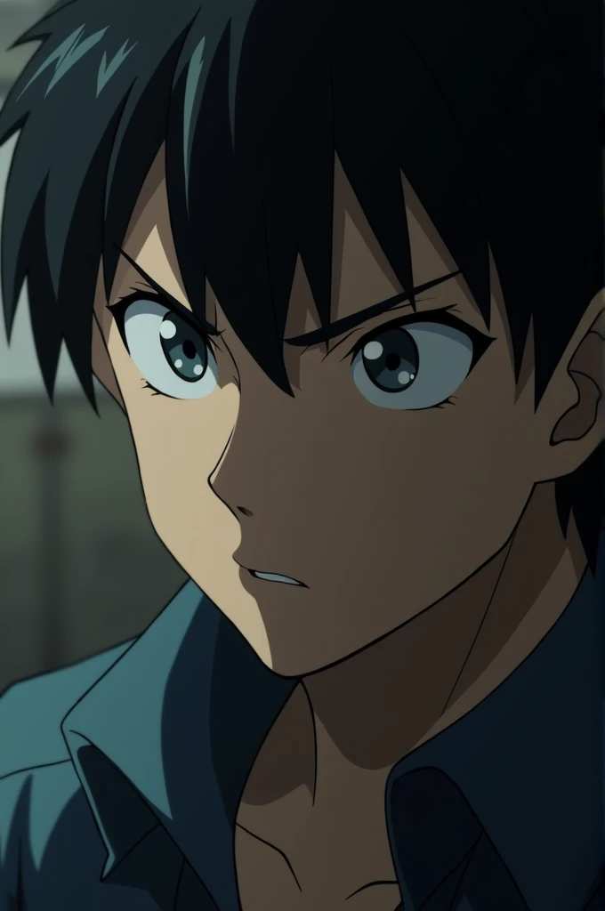 Create a close-up anime-style scene focusing on Jake's serious expression. His brows are furrowed, and his eyes are sharp, indicating that he is deeply concerned about what Sophia has just told him. The background is slightly blurred, putting all the emphasis on Jake's reaction. The lighting in the scene is a bit dimmer, enhancing the gravity of the situation. There is a sense of determination in Jake’s gaze, as if he’s already thinking of a way to help Sophia.
