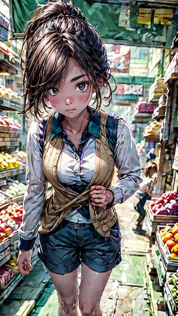 Bottom view , worm eye view , teenager , woman , Wear a waistcoat. , shorts , No Bra , Walking in a market full of people , full body image , wide angle , Highly detailed , cartoon style