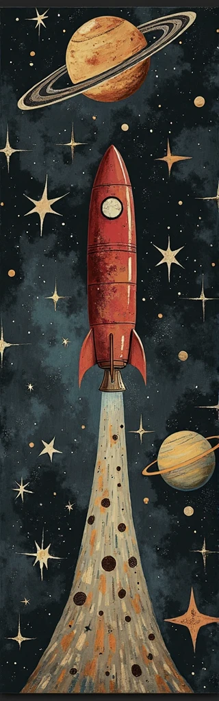 This painting depicts a rocket soaring through space, surrounded by planets, stars, and various celestial bodies. The artistic style is imaginative and vibrant, with a strong contrast between the dark colors of space and the bright hues of the rocket and planets. The rocket is painted in shades of red and orange, while the background of space is dominated by deep blues and blacks. These elements create a fantastical and adventurous atmosphere, reminiscent of illustrations in storybooks or contemporary fantasy art.