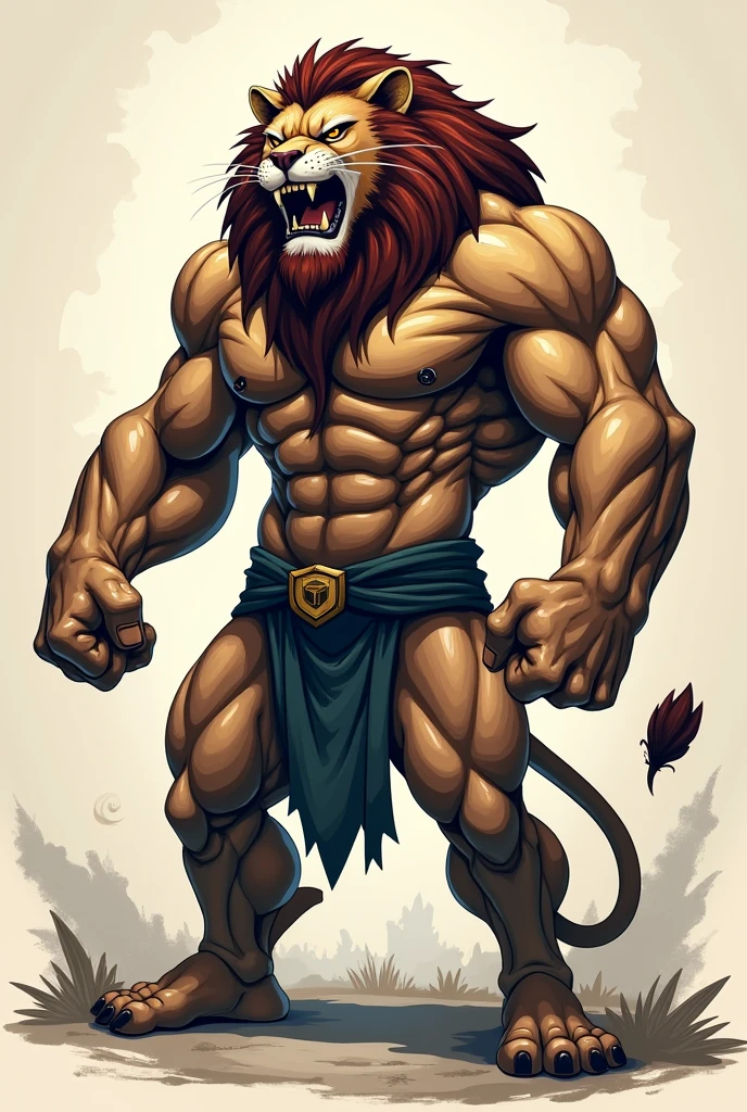 An artwork in vector style depicting a lion with the body of an extremely muscular man. The lion-man is in a dynamic pose, roaring fiercely while forcefully flexing only one arm to showcase his powerful bicep. His other arm is relaxed, adding contrast to the tension in the flexed arm. His face is filled with rage, with his sharp teeth bared and his mane flowing wildly around his head. The clean lines and bold shapes typical of vector art emphasize the defined muscles and the intense expression on the lion’s face, capturing a moment of raw power and aggression