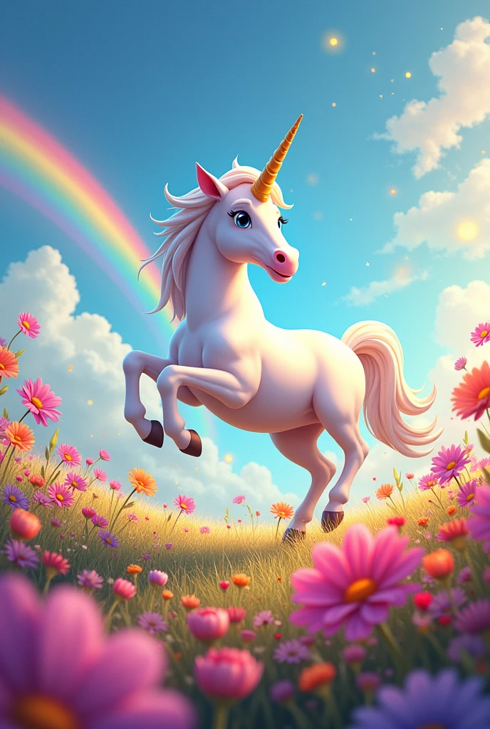 A unicorn seen from the side jumping in a field with rainbows, completely full of flowers, glitter, with bright, eye-catching colors in a cartoon style