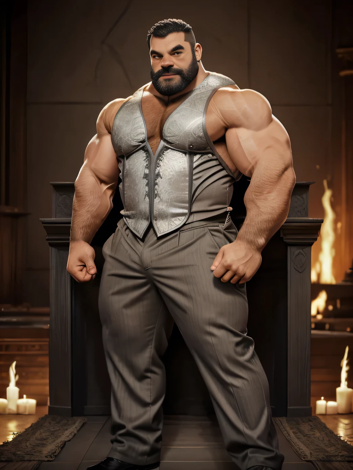burly virile hairy man, with two wolf ears and a bushy tail, in a suit of armor, middle-aged, hirsute, overmuscular and musclebound, bulging veiny muscles, a warrior's build, a bodybuilder's physique, long bushy and a thick mustache, a square jaw, handsome and dreamy, grey hair, a king on his throne, in regal clothing
