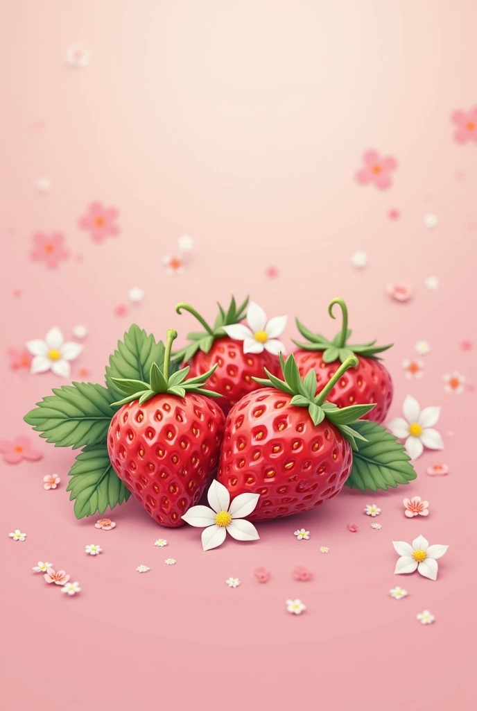 Cute strawberry wallpaper, with a tender pink background and white flowers 