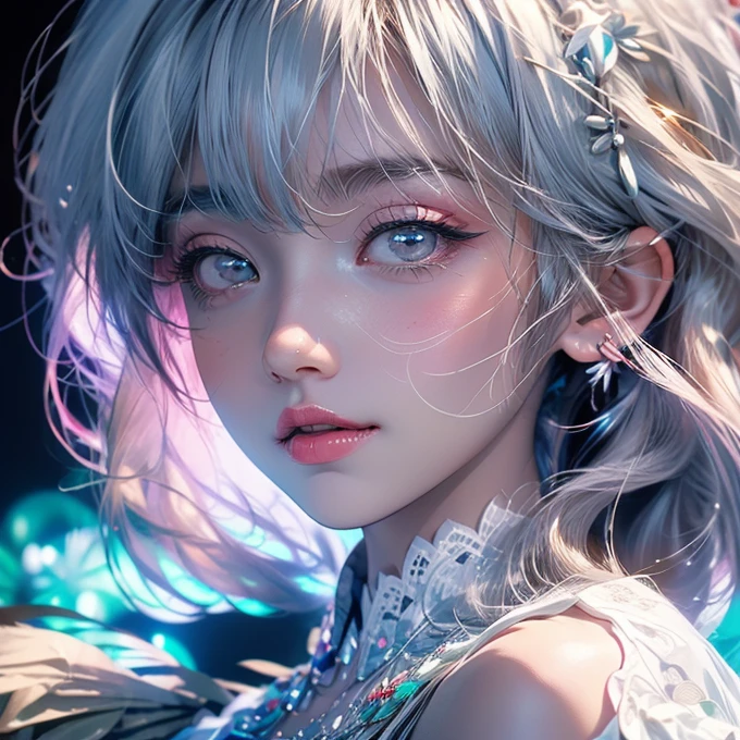 Anime girl with long white hair and pink eyes posing for a photo, Gu Weiss, Beautiful anime portrait, Gu Weiss on pixiv artstation, artwork in the style of Gu Weiss, Stunning anime face portraits, White hair girl, Beautiful anime girl, y white lace dress