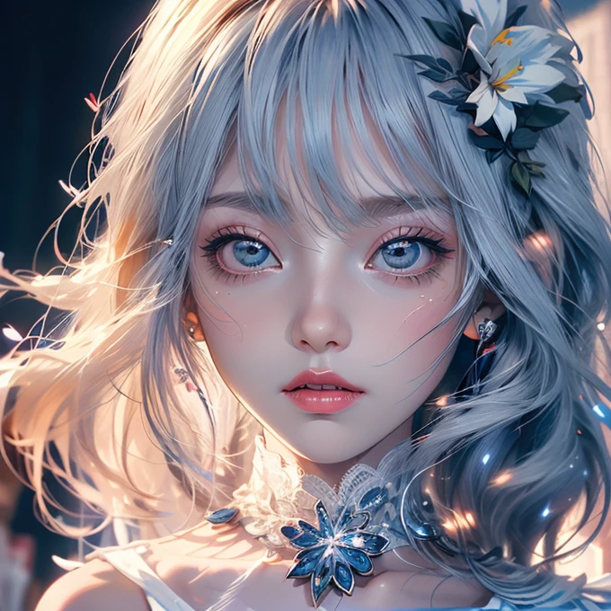 Anime girl with long white hair and pink eyes posing for a photo, Gu Weiss, Beautiful anime portrait, Gu Weiss on pixiv artstation, artwork in the style of Gu Weiss, Stunning anime face portraits, White hair girl, Beautiful anime girl, Sexy white lace dress