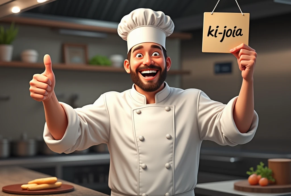 realistic image of a smiling chef making the thumbs up sign and holding a sign with the inscription "Ki-Joia" In the other hand 