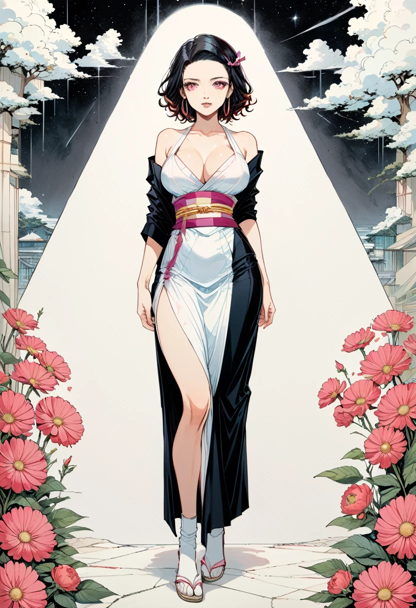 Black and white stick figure 1 girl with flowers, lots of flowers in background, in dress with flowers, its fine ink line art, comic style, ((Nezuko Komado from Kimetsu No Yaiba)), black hair, pink eyes, Hollywood glam, beautiful line art, black and white comic style, manga style, manga art style, standing, contrapposto, illustrative drawing, black and white coloring, ornate border, cleavage, arms behind back,