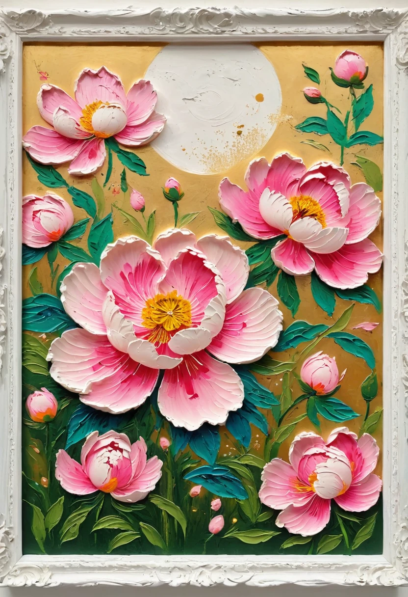 indoor，Beautiful scenery，A painting in a white plaster frame on an easel：(((Soft tones，Chalk painting，Oil stick painting，flight，Thick coating，Uneven texture，Plaster texture，Graffiti)))。Korean style framed decorative painting，3D Decorating，French style peony flower