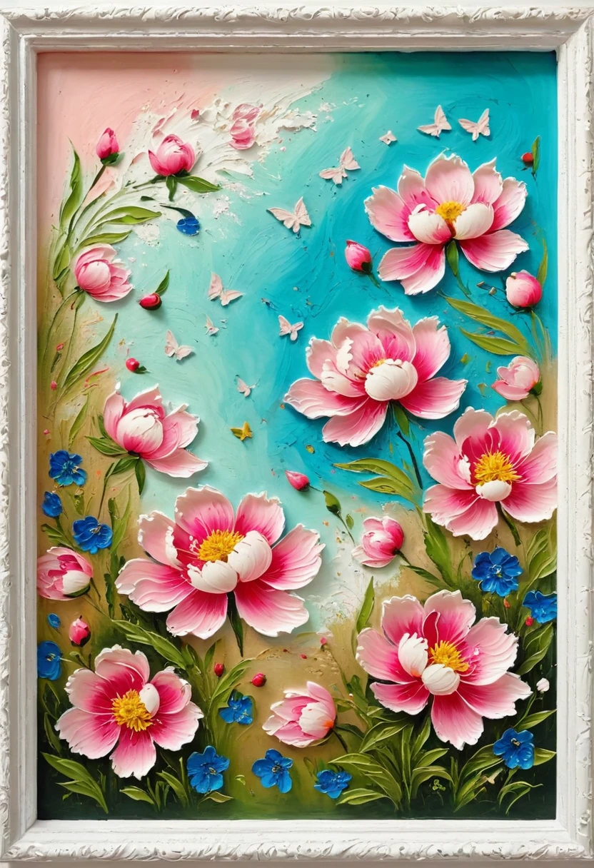 indoor，Beautiful scenery，A painting in a white plaster frame on an easel：(((Soft tones，Chalk painting，Oil stick painting，flight，Thick coating，Uneven texture，Plaster texture，Graffiti)))。Korean style framed decorative painting，3D Decorating，French style peony flower