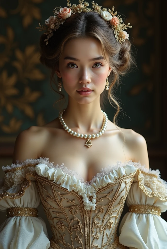Frontal portrait of a woman wearing a Rococo style dress