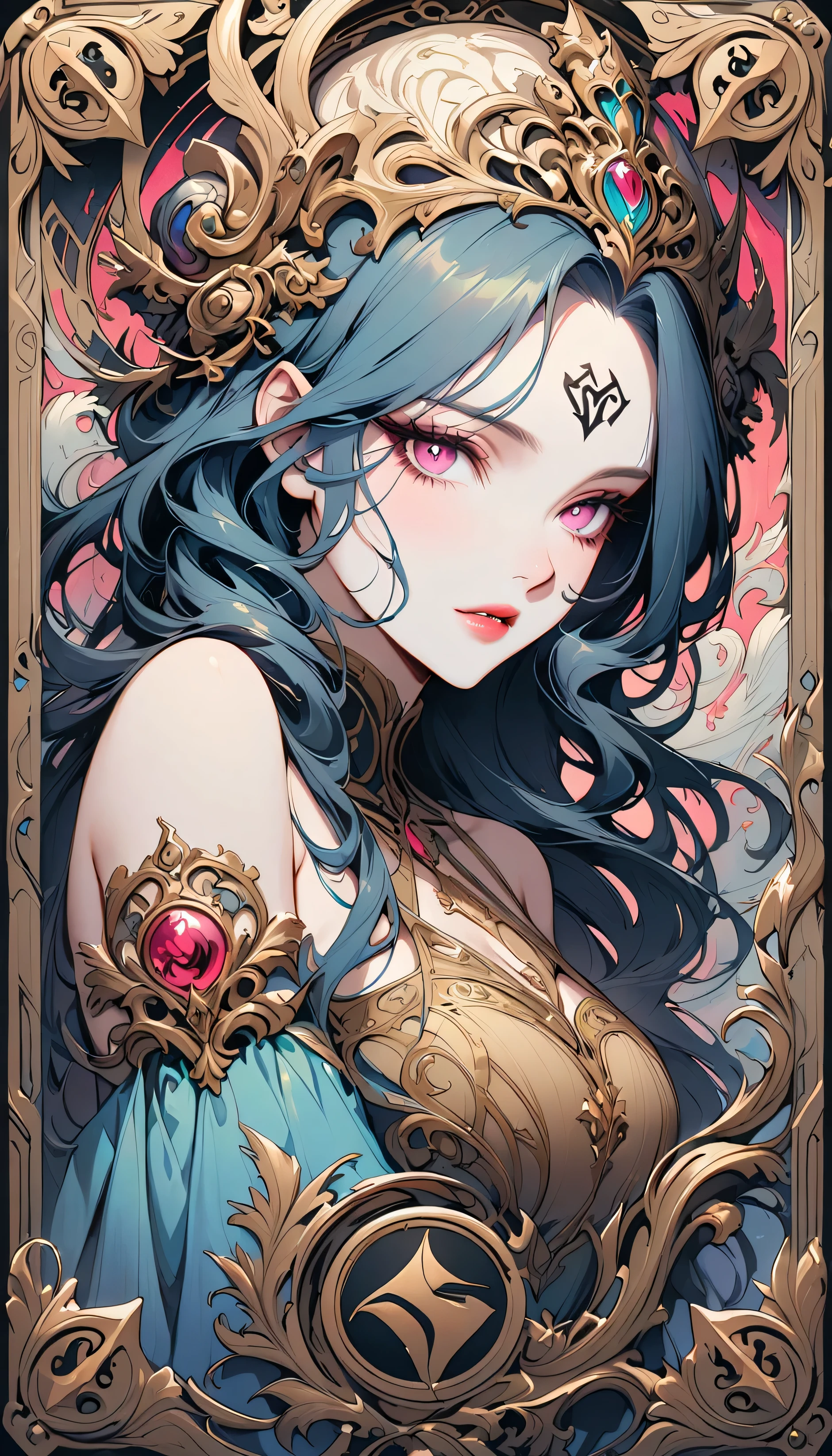 A beautiful woman tarot card, (a pink eye:1.2),face tattoo(Meaningful Chinese character writing:1.1), combine elements perfectly. blue hair