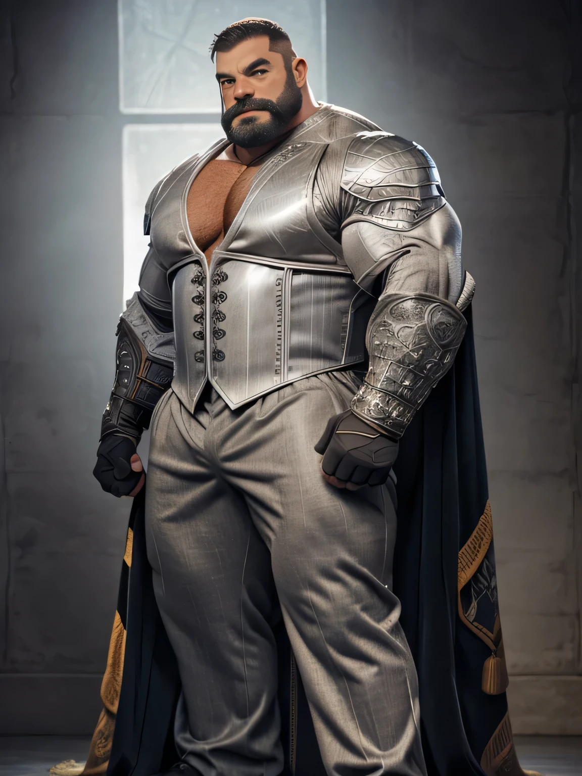 burly virile hairy man, with two wolf ears and a bushy tail, in a suit of armor, middle-aged, hirsute, overmuscular and musclebound, bulging veiny muscles, a warrior's build, a bodybuilder's physique, long bushy and a thick mustache, a square jaw, handsome and dreamy, grey hair, a king on his throne, in regal clothing