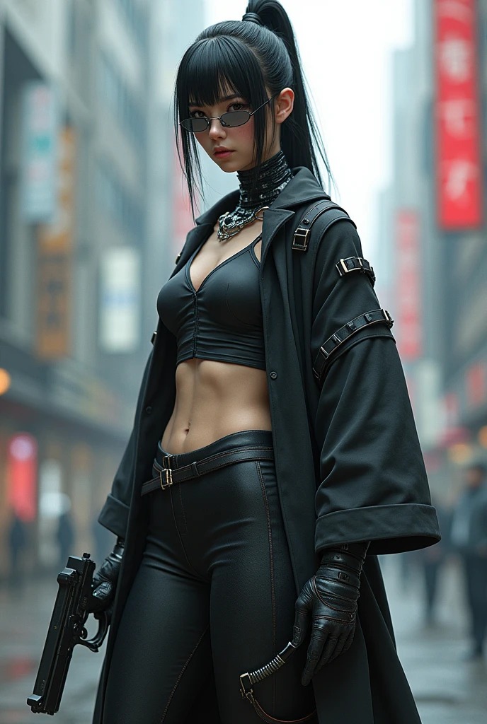 3000 years、Chiba、A female samurai with half of her body made into a cyborg、cyber punk、(((Mirror Goggles)))、holding a handgun、Estimated Age２８age、Bodysuit that fits the body、Skinny、skinny pants、Casual wear、sober、Wearing a half-coat