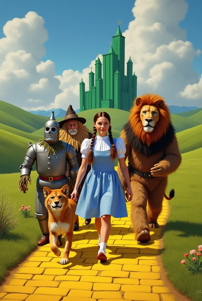 Dorothy Gale, Toto, the Scarecrow, the Tin Woodman, and the Cowardly Lion on the yellow brick road, walking toward the Emerald City.