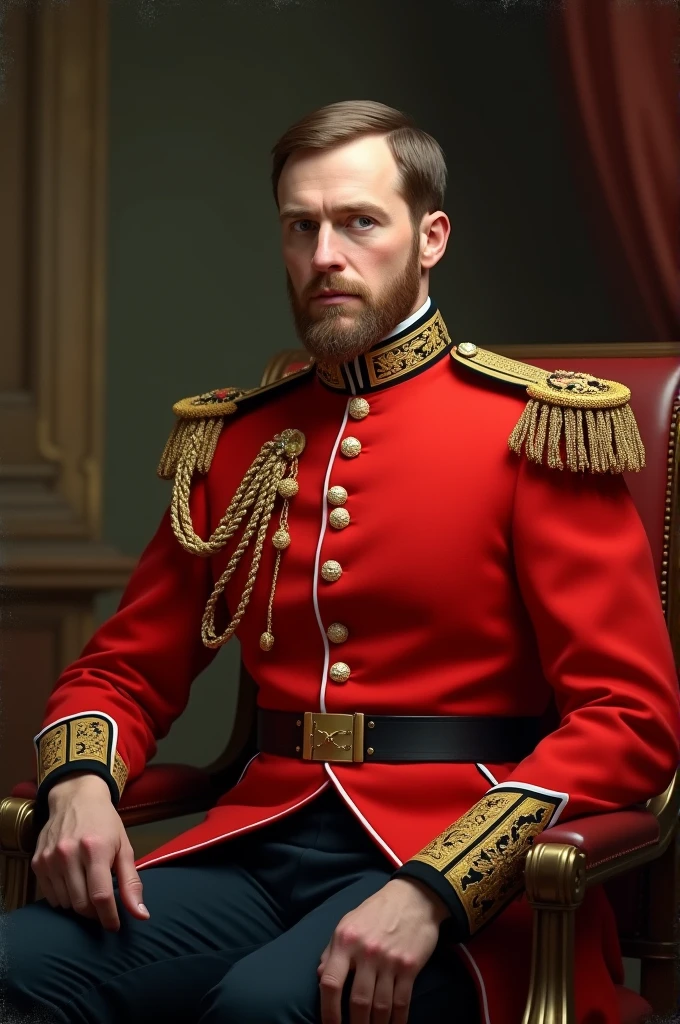 A british officer around 1857 in red uniform, while sitting on a chair, face like a britisher,