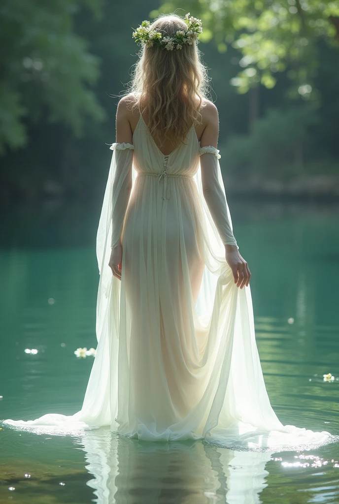 woman in a white dress is standing in the water., nymph in the water, wearing a torn white cloak, wearing a flowing cloak, flowing cape, flowing white robes, floating robes, in a lake, very long white cloak, wrapped in transparent fabric, coming out of the water, wearing a flowing white dress, she is walking on a river, standing in a pond