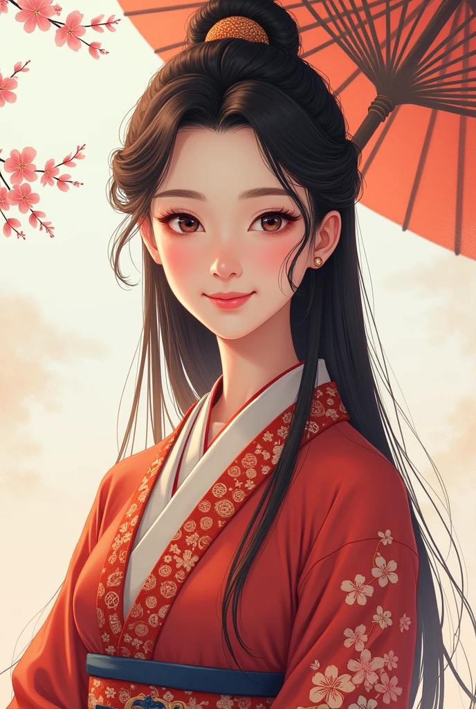 A beautiful Tibetan woman wearing a traditional Japanese dress and showing her white teeth、Beautiful digital artwork, Beautiful digital illustrations, Beautiful digital painting, Smooth anime CG art,Amazing digital illustrations, Detailed digital anime art, Beautiful anime portraits