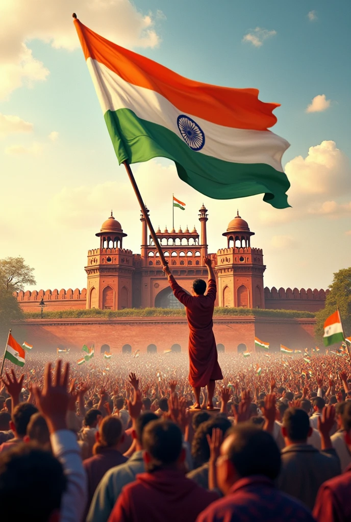 Independence Day (15 August 1947):** A triumphant scene of the Indian flag being hoisted at the Red Fort in Delhi, with crowds celebrating, cheering, and waving flags, marking the end of British rule