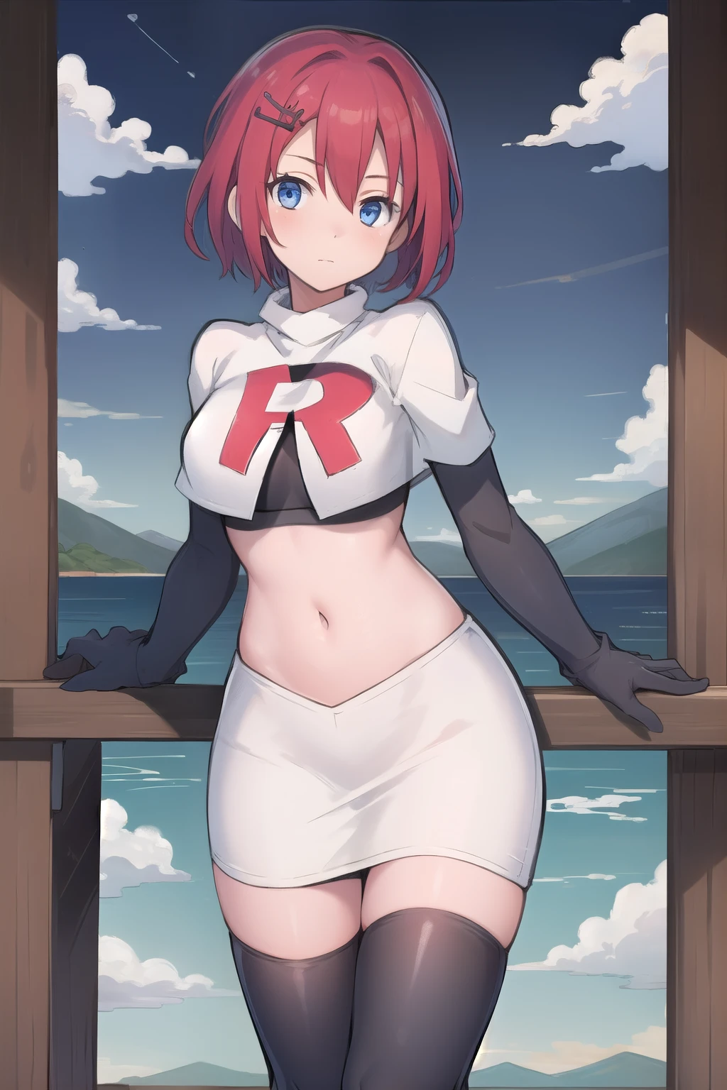 best quality, (masterpiece:1.2), illustration, absurdres, (1girl, solo, beautiful detailed girl),
Emily, short hair, red hair, hair ornament, hairclip, blue eyes, medium breasts,
garrison cap, team rocket,team rocket uniform,white skirt,red letter R,crop top,black thigh-highs,black elbow gloves,
field, sky, clouds, distant mountains,
looking at viewer, 