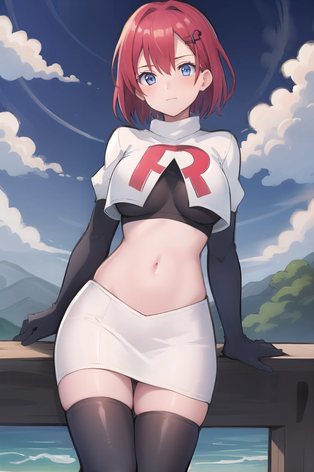 best quality, (masterpiece:1.2), illustration, absurdres, (1girl, solo, beautiful detailed girl),
Emily, short hair, red hair, hair ornament, hairclip, blue eyes, medium breasts,
garrison cap, team rocket,team rocket uniform,white skirt,red letter R,crop top,black thigh-highs,black elbow gloves,
field, sky, clouds, distant mountains,
looking at viewer, 